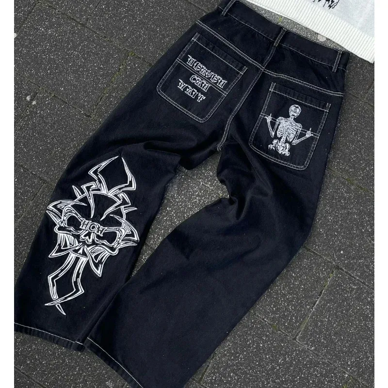 Y2k Men s Black Retro Skull demon Demon Washed Mens Jeans High Street Sale Baggy Women Hip Hop Stretch Waist Pants 231228