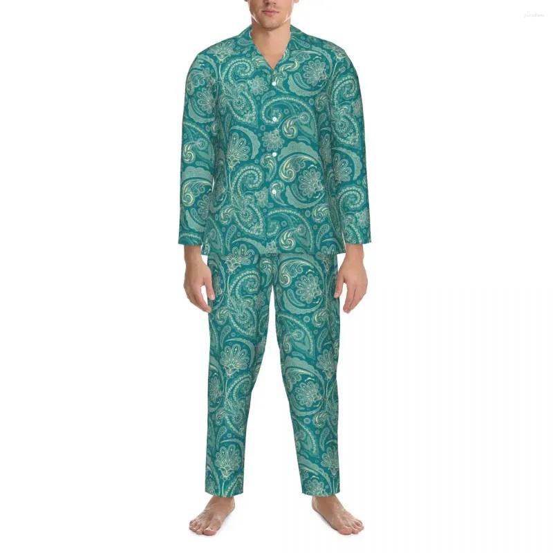 Men's Sleepwear Green Paisley Pajamas Men Vintage Print Cute Soft Room Nightwear Autumn 2 Pieces Aesthetic Oversized Pattern Pajama Sets