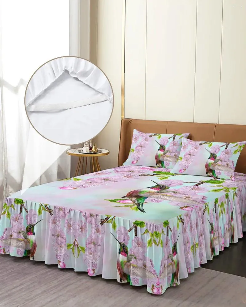 Spódnica z łóżkiem kwiat wiśni kwiat hummingbird elastyczna pasja z poduszkami z poduszkami materaca pokrywa pokrycia pościel