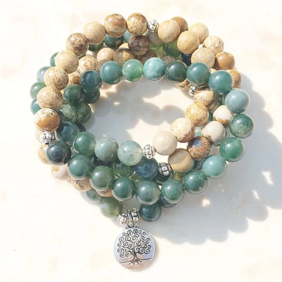 SN1005 Moos Achat Bild Jasper 108 Mala Perlen Yoga Halskette Baum des Lebens Mala Wickelarmband alles über Natur und Meditati241d