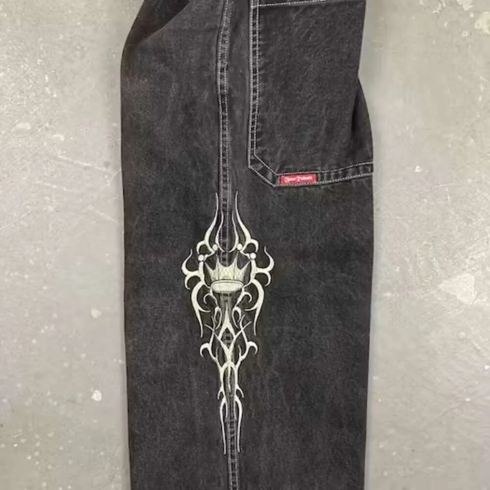 Streetwear jnco y2k haruku hip hop retro grafisk broderad baggy jeans svarta byxor herr punk rock gotiska breda byxor