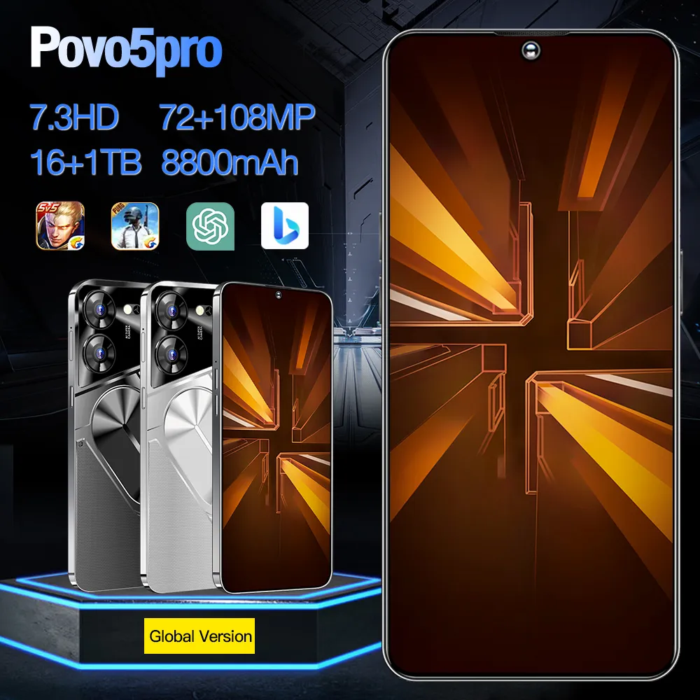 2024 Nuovo marchio POVO 5Pro Versione globale Telefono cellulare Schermata da 7,3 pollici 8800 mah La batteria grande supporta le schede telefoniche doppie Android 13 supporta OTG Snapdragon 8 Gen2