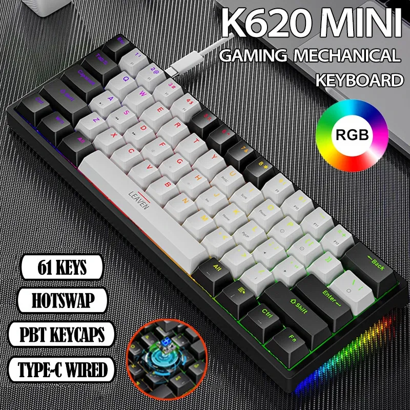 K620 Mini Gaming Mechanical Keyboard 61 Keys RGB Swap Typec Wired PBT KeyCaps 60% Ergonomics Keyboards 231228