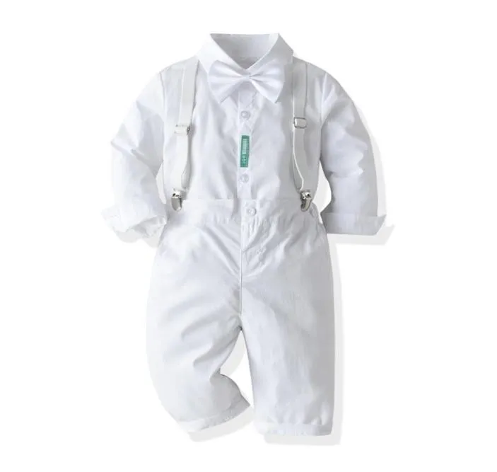 White Toddler Boys Suit Gentleman Clothes Baptism Dress Shirt Bibb Pants Solid Party Wedding Handsome Kid Clothing 2108232959765