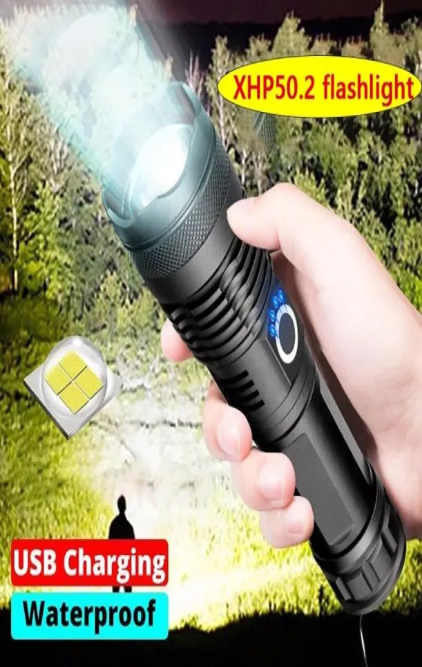 Alta lumens 502 lanterna led mais poderosa usb zoom tocha tática 50 18650 ou 26650 bateria recarregável luz de mão y20048918162