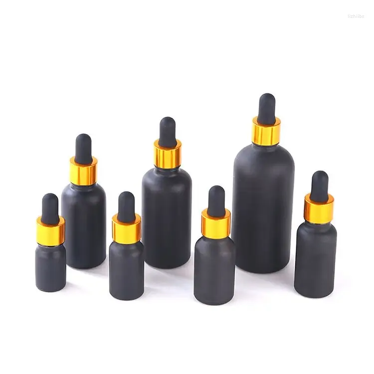 Garrafas 5pcs preto garrafa de gotas de gotas de gotas de óleo fosco de petróleo fosco de vidro essencial 5-100 ml para massagem pipeta