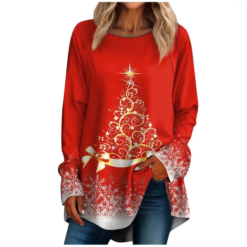 Camisetas femininas Natal Outono 3D Árvore Impressão Manga Longa Pescoço Redondo Moda T-shirt Atmosfera Pulôver Mulheres Top