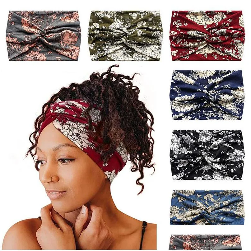 Acessórios de cabelo Bohemia Mulheres Turbante Floral Listrado Tie Dye Impresso Yoga Sports Nó Headband Vintage Wide Hairbands Acessórios de Cabelo Dhvmc