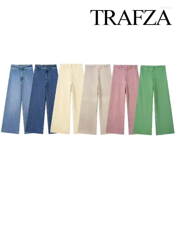 Jeans femininos trafza elegante moda mulher casual chique bolso traseiro perna reta calça feminina vintage cintura alta seis cores calças