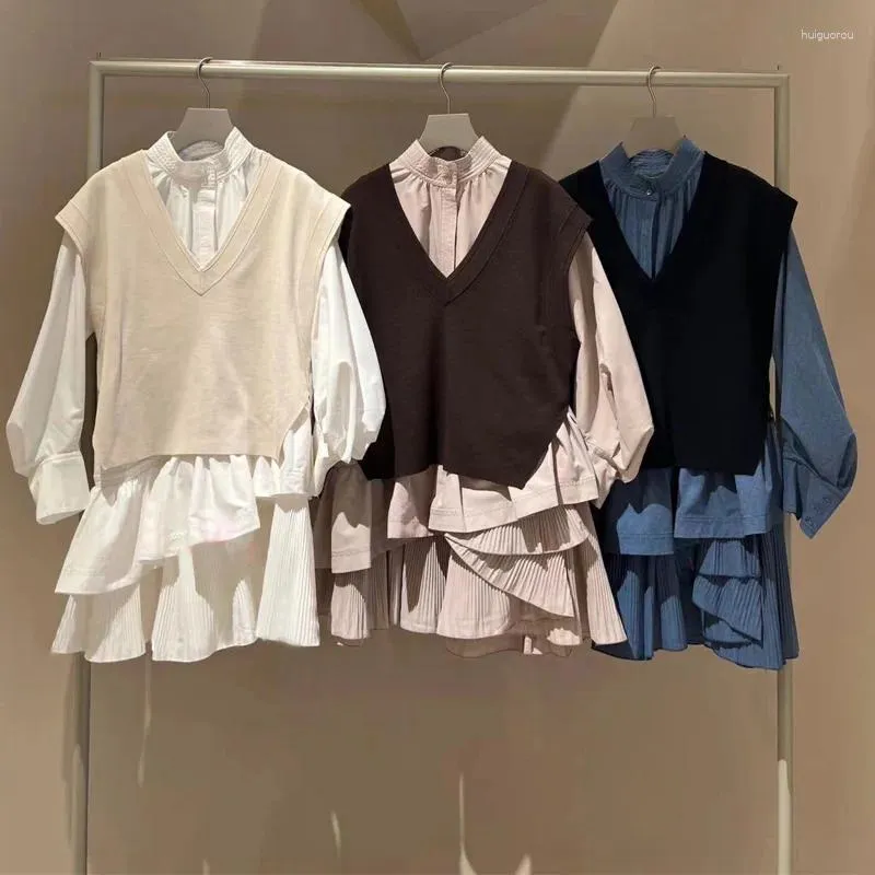 작업 드레스 Kuzuwata 2023 가을 여성 정장 V- 넥 니트 스플릿 조끼 반 하이 목이 긴 소매 이중 레이어 주름 셔츠 드레스 2pcs