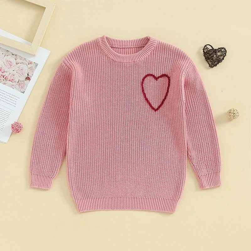 Bebê suéteres bonito doce coração bordado malha tops para o dia dos namorados da criança meninas manga longa roupas de inverno quente 231228