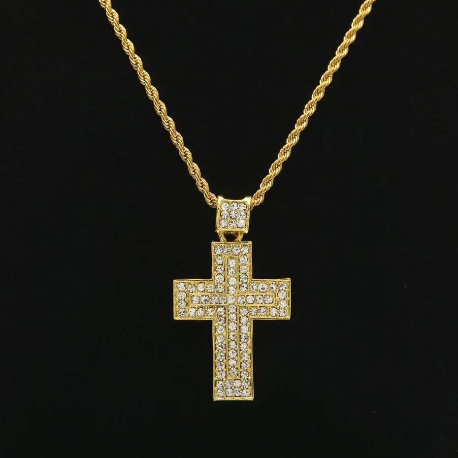 Bijoux hip hop masculin 18k Gold Silver plaqué Fashion Bling Bling Cross Pendante Men Collier pour cadeau présent chrétien2348