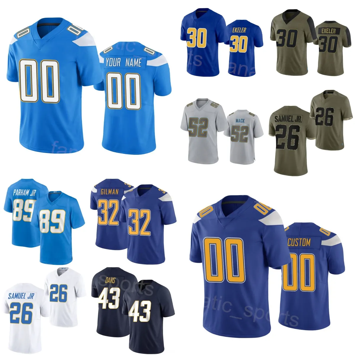 Criança Homem Mulheres Futebol 6 Eric Kendricks Jerseys Crianças 32 Alohi Gilman 52 Khalil Mack 26 Asante Samuel Jr 43 Michael Davis 30 Austin Ekeler 89 Donald Parham Jr Uniforme