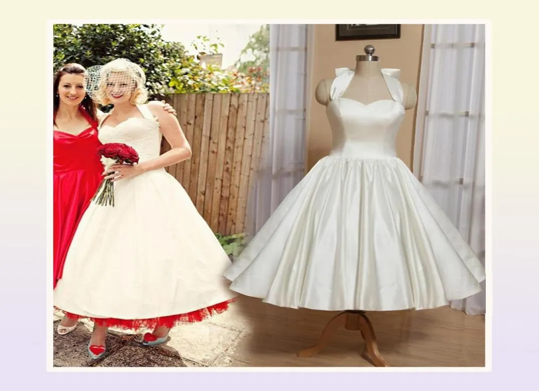 Короткие свадебные платья Свадебное платье 50-х годов Свадебные платья длиной до сада с бретелькой на шее Нестандартный размер Свадебное платье в винтажном стиле2816123