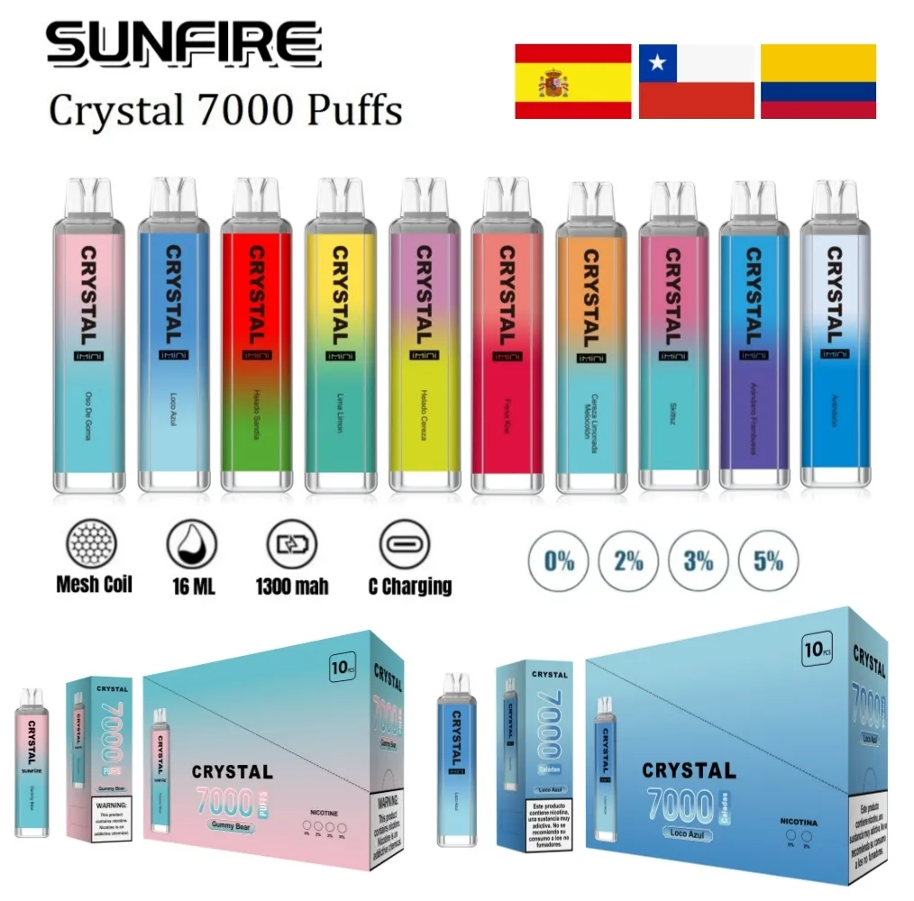 Top 1 Sıcak Orijinal Sunfire Crystal Pro Max 7000 Puff 10000 Tek Kullanımlık E-sigara 1.2ohm Mesh Bobin 16ml 10000 Puf 10k Vape Kalem 10K Puflar 8000 Kristal Vapes Stokta