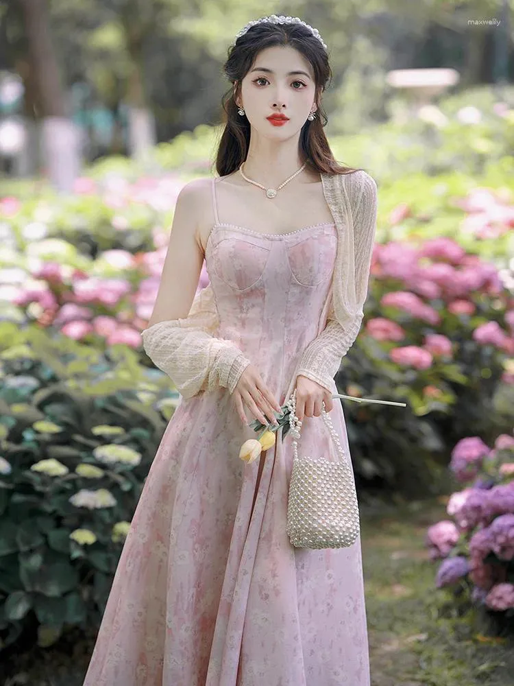 Vestidos de trabalho estilo elegante conjunto de duas peças feminino francês vintage roupas de verão moda rendas cardigan rosa romântico retro vestido sem alças terno