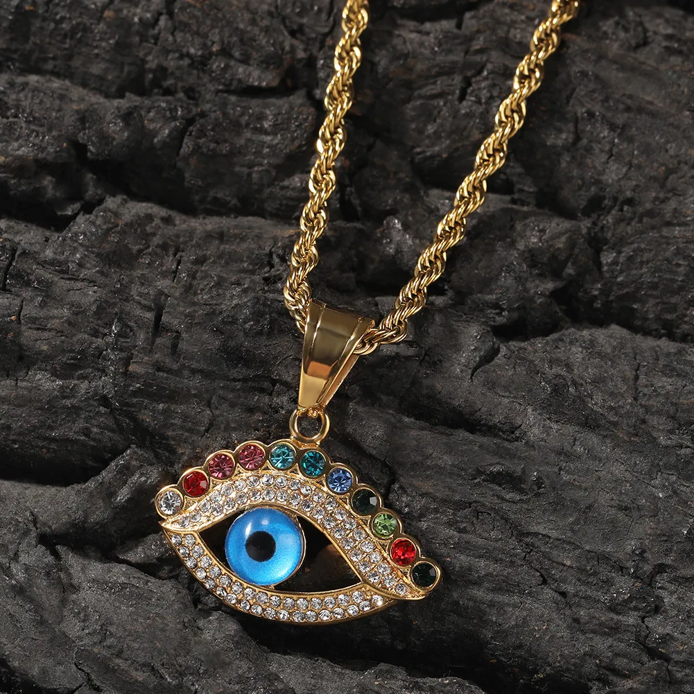 Hip hop paslanmaz çelik mavi göz kolye yaratıcı niş renkli elmas kolye kazak zinciri