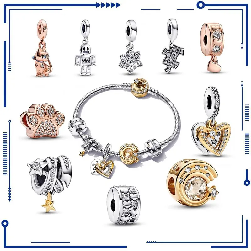 Fascino in argento 925 Nuovo artiglio Stampa stella appartiene a perline sparse Robot Star River Rose Gold Cat Fashion PAN Bracciale pendente fai da te Spedizione gratuita