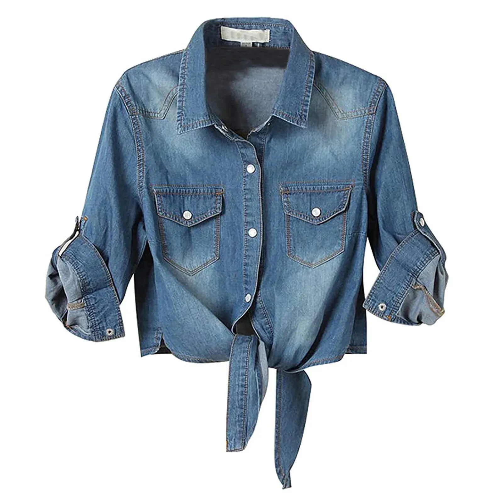 Bleu Jean Denim veste femmes culture Jean manteau automne printemps 34 manches décontracté poche noeud cravate chemise vêtements d'extérieur hauts 231228