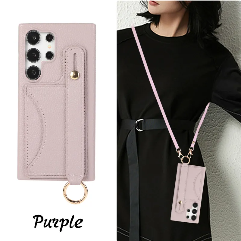Crossbody Lychee Grain Phone Case for iPhone 15 14 Pro Max Samsung Galaxy S24 S23 Ultra S23FE A13 5G A14 A24 A25 A33 A53 A34 A54 A22 S23FE Card Slot Leather Wallet Shell