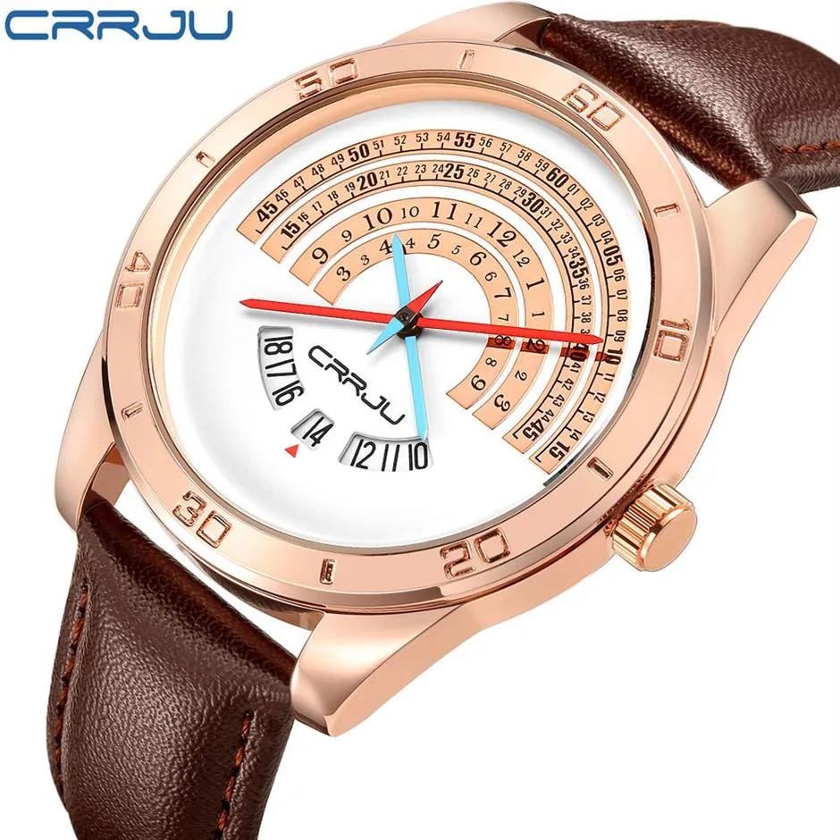 Crrju Men Luxury Sports Leather Watches Male Funny Binary Clendar Clock Japan Movement Mostrich Waterproof Watch Watch Erkek Kol Saati237G