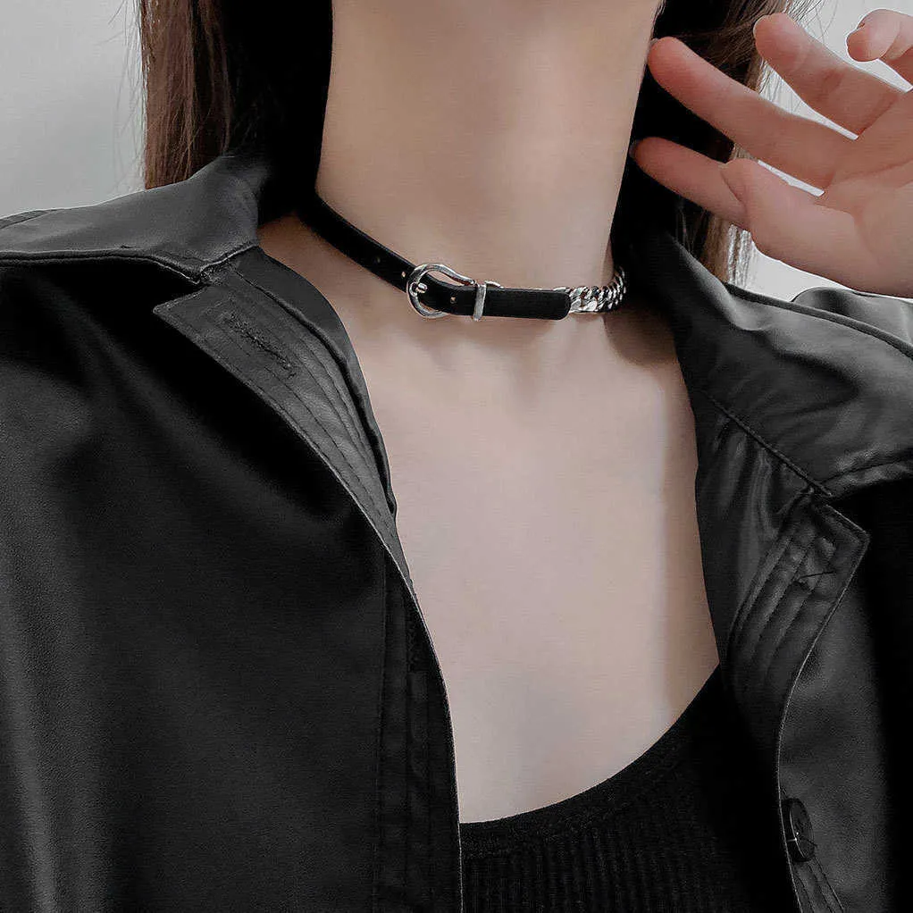 2024 DESIGNERS Dark wind personalized creative belt splicing titanium steel chain necklace female ins exaggerated disco clavicle chain