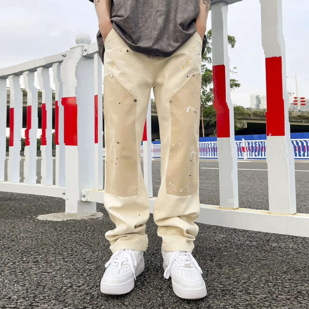 Hip Hop Khaki Cashew Flower Leg Overalls Ink Splashing In Straight Canvas Trousers Retro Cargo Pants Men