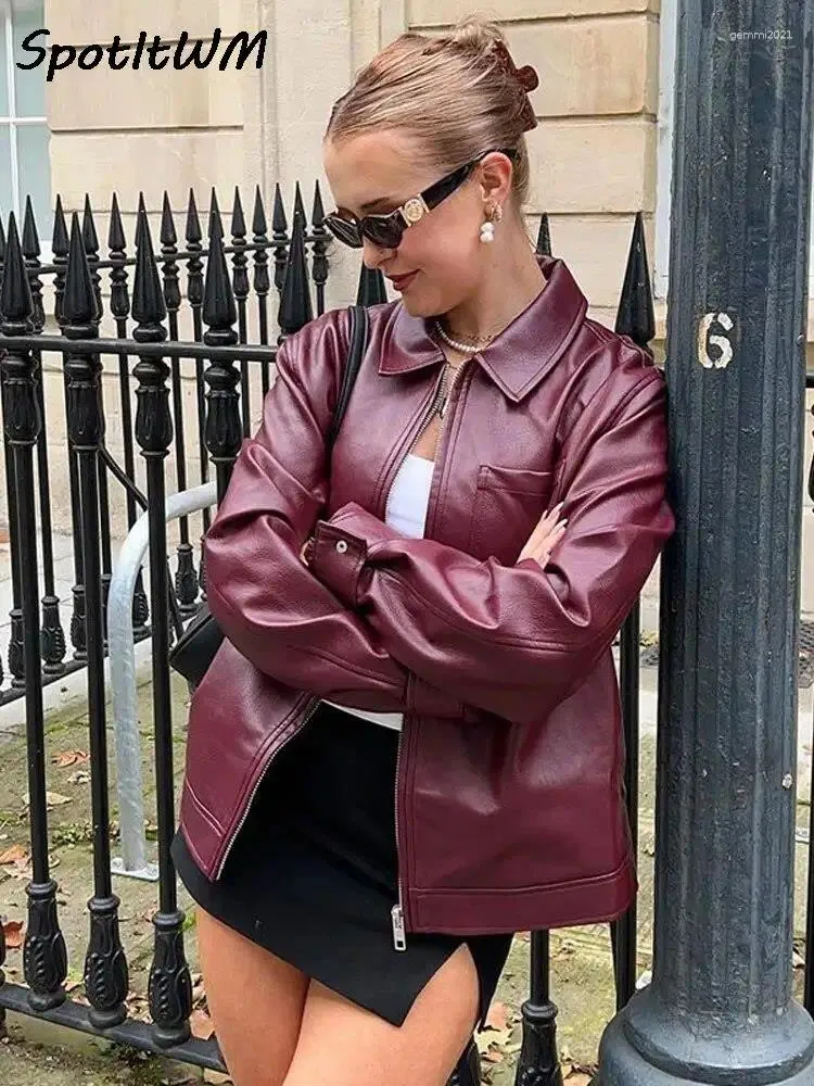 Женские куртки Красная кожаная куртка для женщин Свободные свободные мотоциклетные бомберы с лацканами в стиле панк на осень-зиму High Street