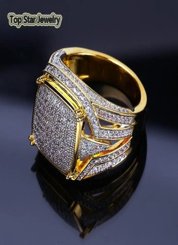 Anel de cobre vintage brilhante micro zircônia cúbica real banhado a ouro anéis punk acessórios de dedo para homens hip hop rapper jóias presente 8313385