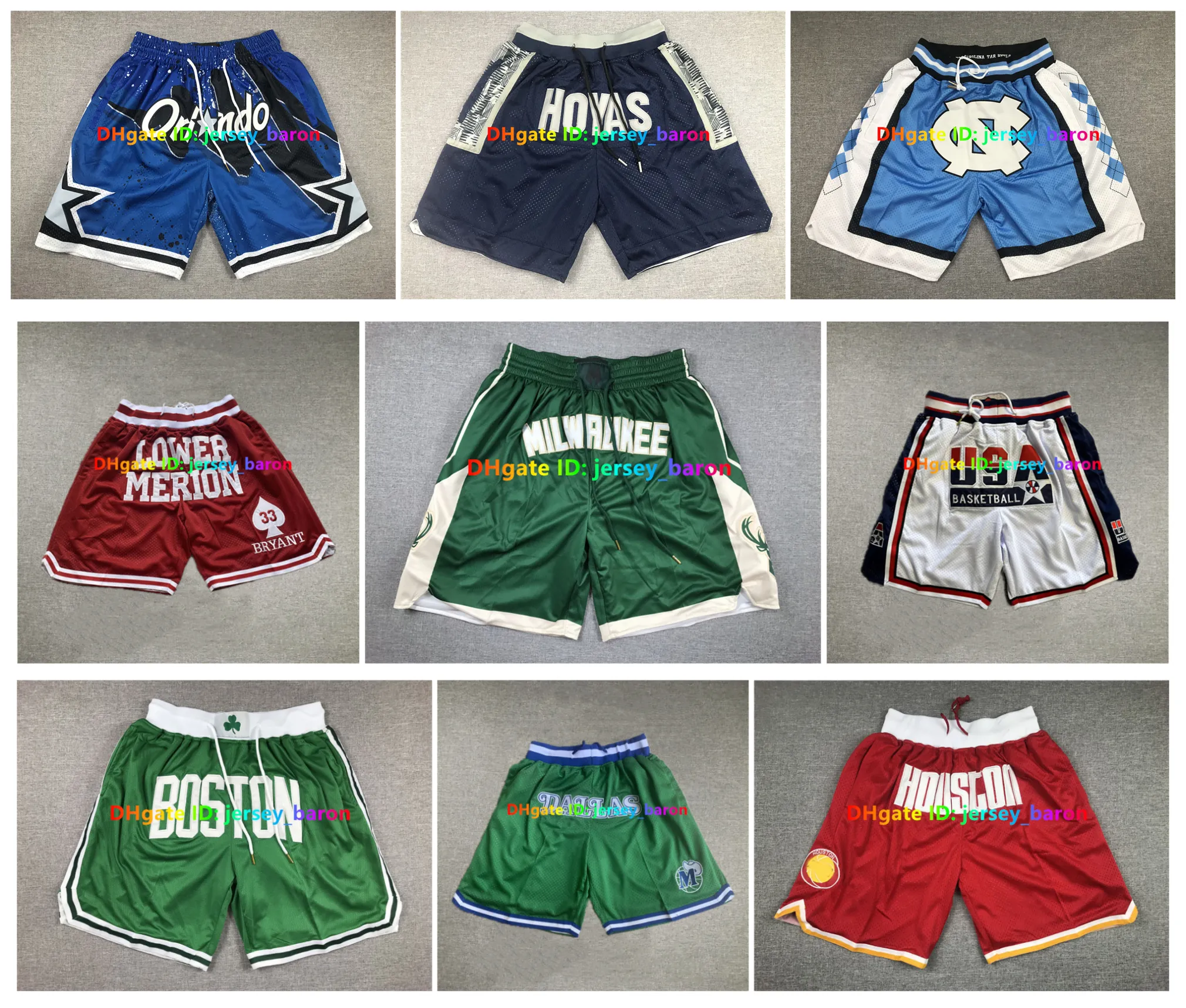 Throwback Team Basketball Football Shorts Bara kort korg USA med Pocket Zipper Hip Pop Sport Wear Pant Bryant Lower Merion Georgetown Hoyas North Carolina