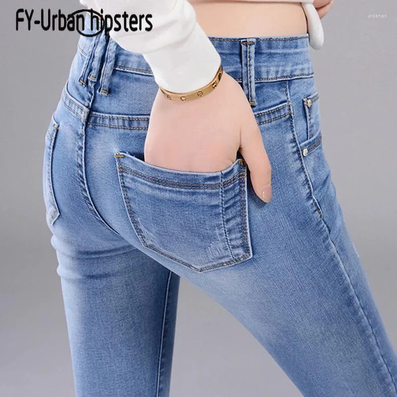 Kvinnors jeans kvinnlig byxa hög midja stretch manschetter spets kvinna plus storlek feminina mager blyertsbyxor smala rippade elastico