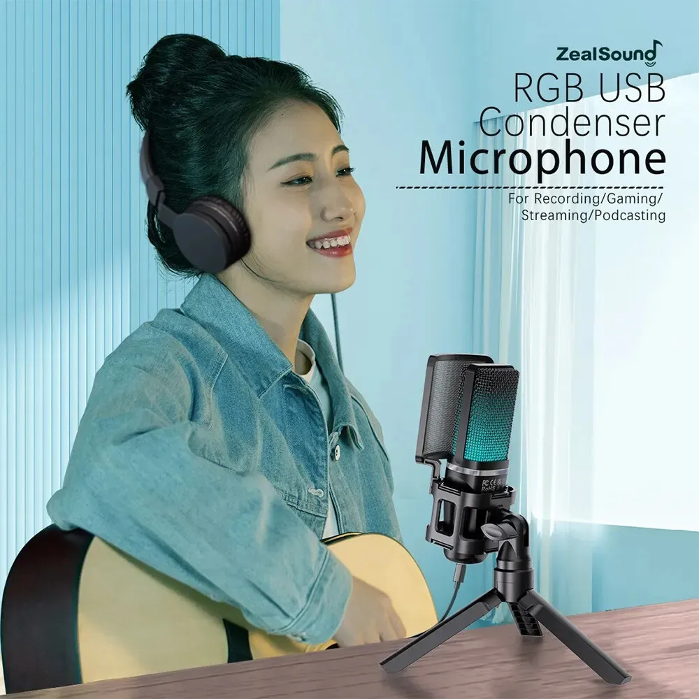 ZealSound RGB USB مكثف ألعاب ميكروفون Microphone MIC للكمبيوتر PS4 PS5 MAC تسجيل الهاتف البودكاست 231228