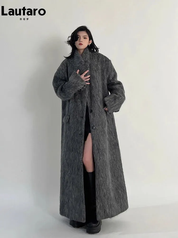 Lautaro outono inverno roupas femininas oversized extra longo casual quente cinza lã mistura casaco feminino maxi fofo casaco de lã 231228