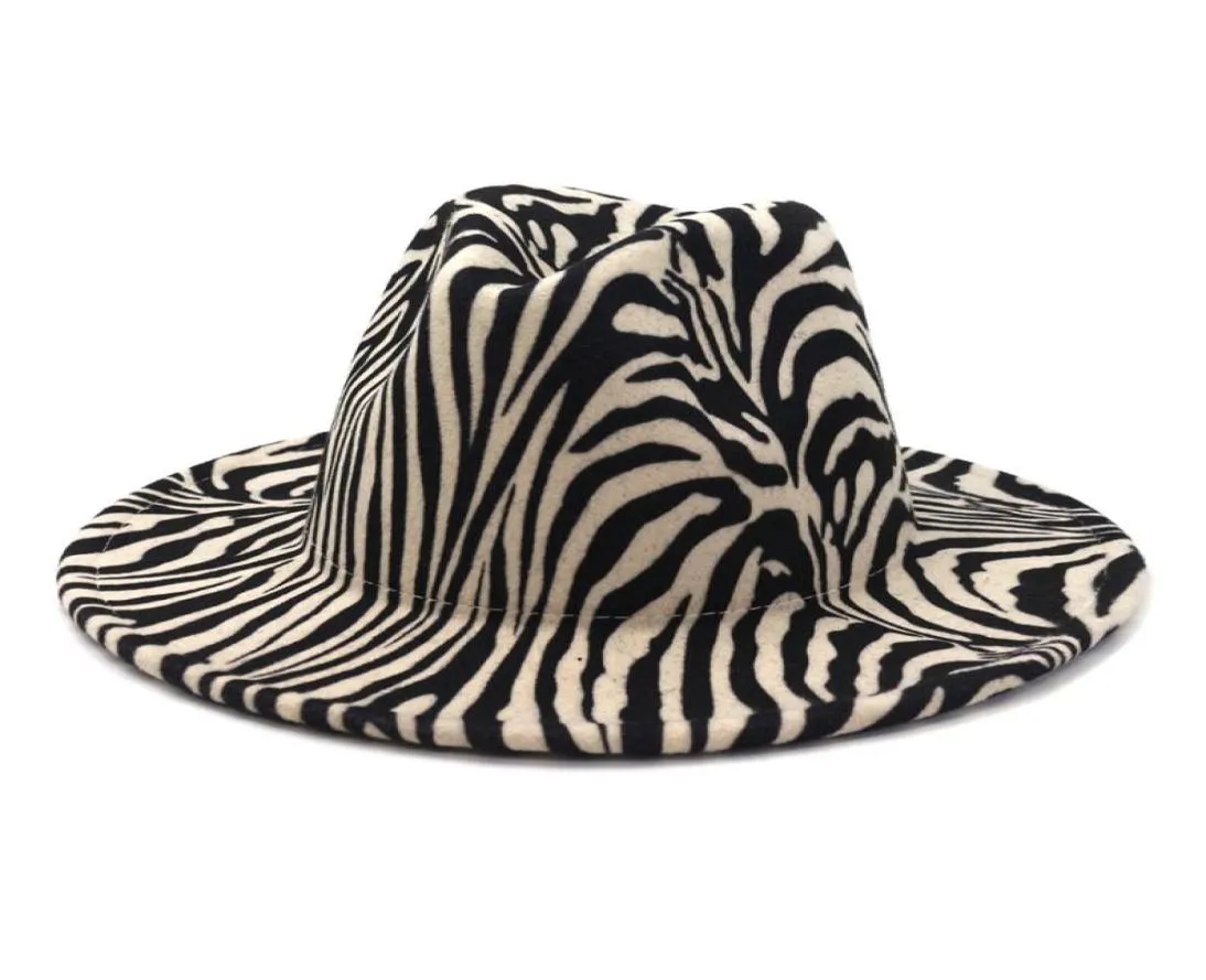 2020 Fashion Zebra Pattern Artificial Wool Feed Fedora Hats Fashion Women Men Men Marge Brim Jazz Party Cap Panama Style Cowboy Hat6218480