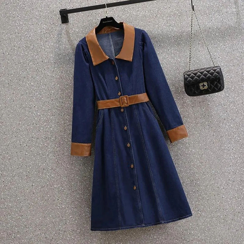 Casual Dresses Women Denim Daily Slim Long Sleeve Belt Knee-Length Solid Office Lady Large Size Elegant Fashion Chic Dress