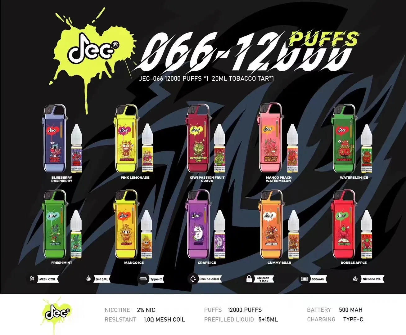 Original JEC Box 12000 puffs återfyllningsbara engångscigaretter Kapacitet Vape 5+15 ml spole 500mAh Uppladdningsbar batterivape 10 smaker 2% barnsäkerhetslås 12K puff