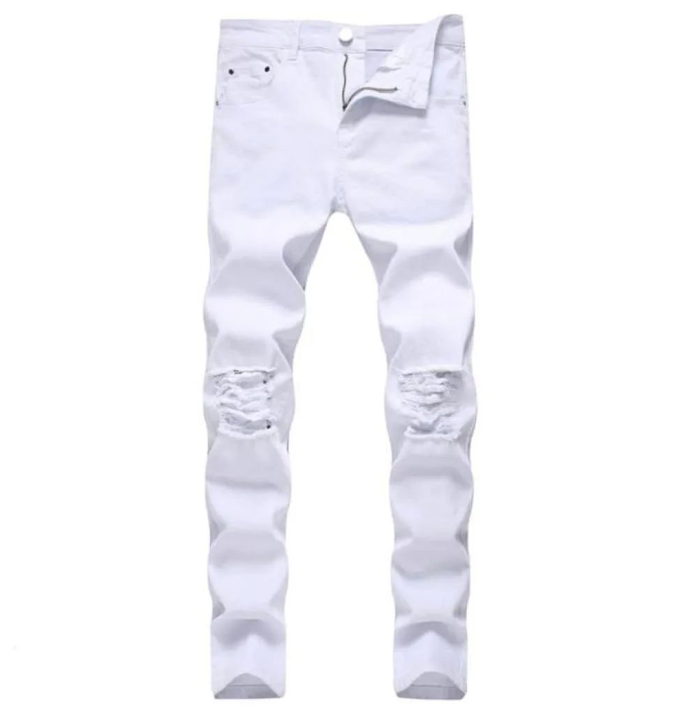 Godlikeu White Men039s Ripped Tapered Leg Jeans Prosted Knee Holes Slim Fit Denim Pants Jeans Pour Hommes311T1738191