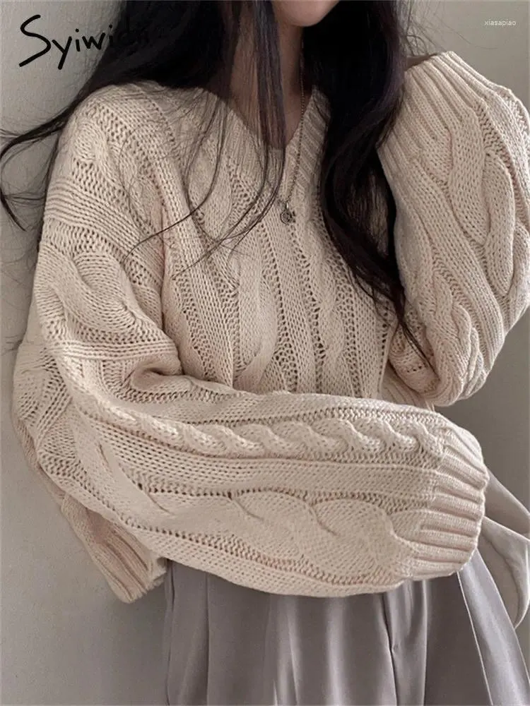 Kobiety swetry Vintage Sweter dla kobiet Koreańska moda Krzyż Krzyż długi rękaw V Szycie Szytówki Eleganckie, duże dzianinowe top