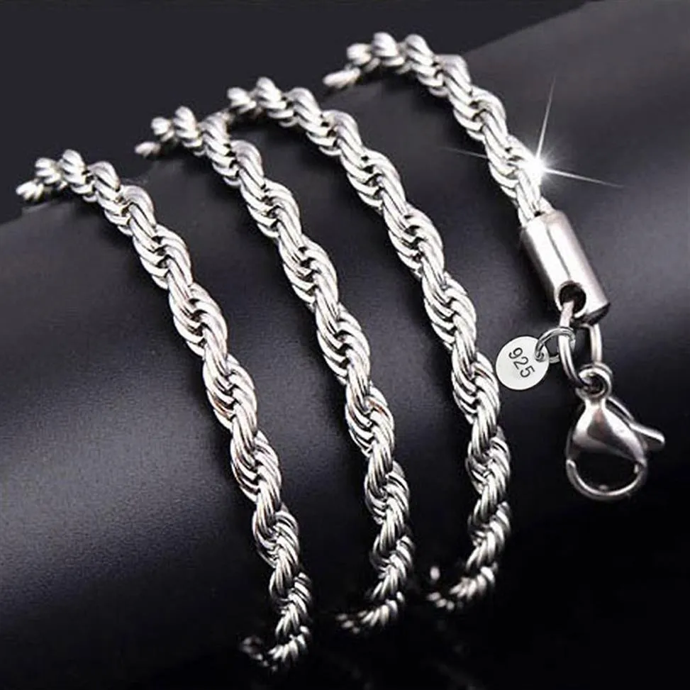 YHAMNI 100% Original 925 Silver Necklace Women Men Gift Jewelry 3mm 16 18 20 22 24 26 28 30 inch Rope Chain Necklace YN892131
