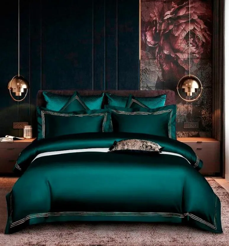 Bordado verde profundo azul conjunto de capa edredão premium macio algodão egípcio conjunto cama queenking tamanho 4 pçs 1 lençol 2 fronhas c6754200