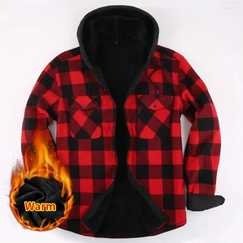 Men's Casual Shirts Men Spring Jacket Stylish Plaid Print Cardigan Coat Warm Hooded Single-breasted For Fall Winter Fashion Button-down