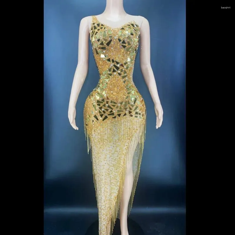 Abbigliamento da palco, strass brillanti dorati, paillettes a specchio, nappe, senza maniche, per feste da sera, in stoffa, ballo di fine anno, costume da ballo latino jazz