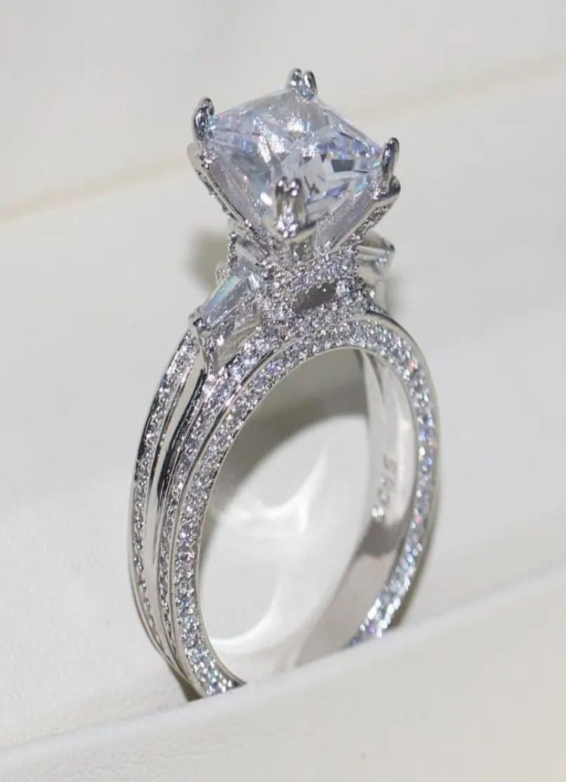 Vecalon Anello da donna grande gioielli Princess Cut 10ct Pietra di diamante 300 pezzi Cz Anello di fidanzamento in argento sterling 925 Gift4725961