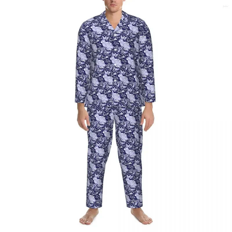 Mäns sömnkläder pyjamas manlig rum Bird Floral Print 2 stycken Casual Loose Pyjama Set Long Sleeve Soft Overdimased Home Suit