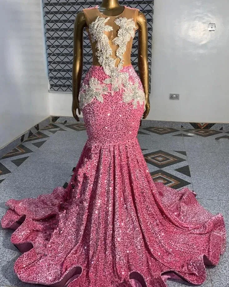 Robe de soirée longue en velours rose pour femmes, tenue formelle de luxe, diamant scintillant, perles, maille transparente, robe de bal de promo pour filles noires