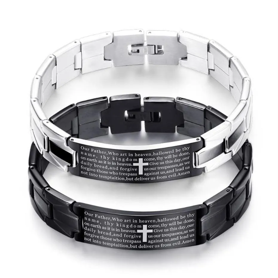 Bangle Holy Bible Cross Men armband svart rostfritt stål klocka rem silverplätering smycken gåva för kvinnor210n