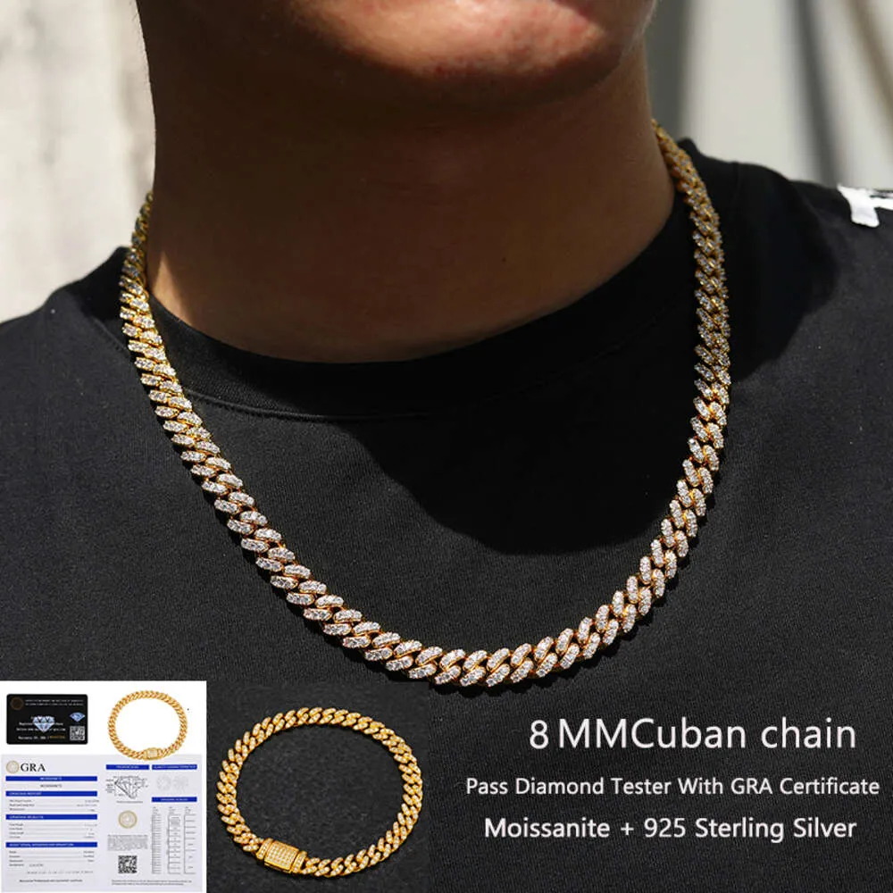 8-22mm Kalite 925 Sterling Gümüş Moissanit Kolye Hip Hop Takı Miami Bling Küba Bağlantı Zinciri Kaya Modeli