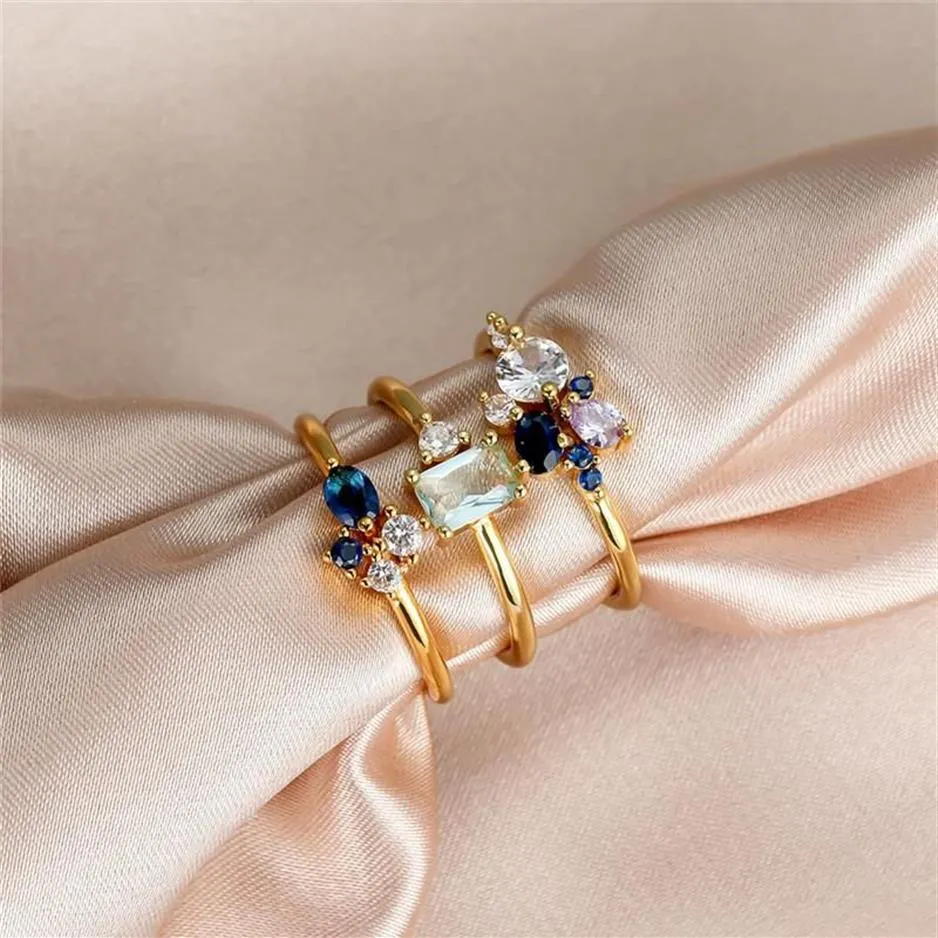 Hochzeit Ringe Niedliche Weibliche Weiß Blau Kristall Ring Set Gelbgold Farbe Für Frauen Luxus Braut Runde Quadrat Oval Engagement199b