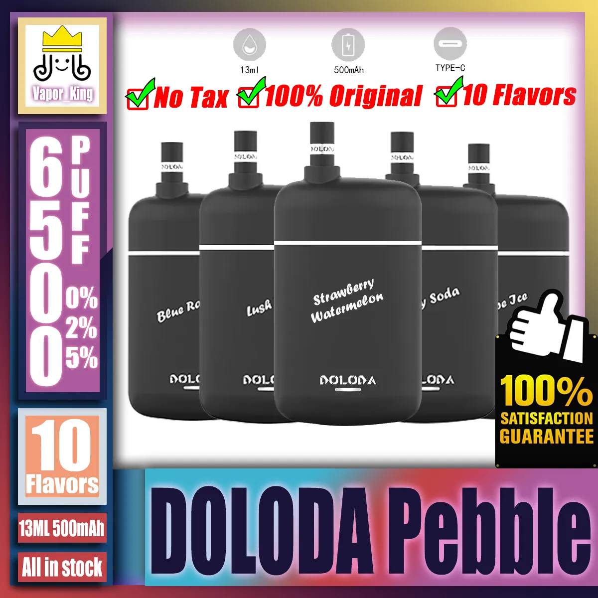 Doloda Pebble 6500 Original Puff 6500 Rechargeable E Cigarette Disposable Vape Pen 13ML Préfilé de 500mAh Batterie Vs Elf Box