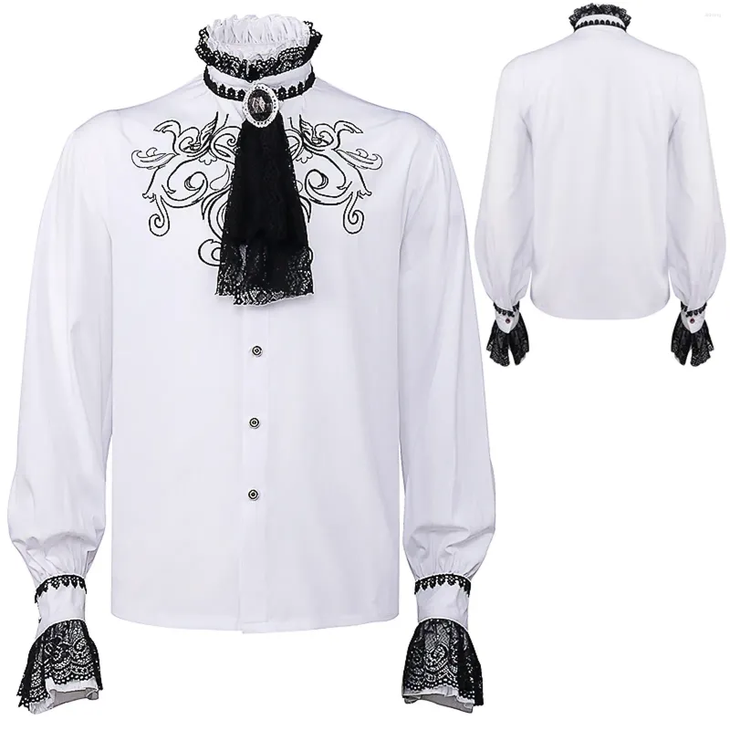 Camisas casuais masculinas mens medieval preto branco renascentista traje pirata capitão rendas até plissado tops gola de areia camisa vampiro palco blusas